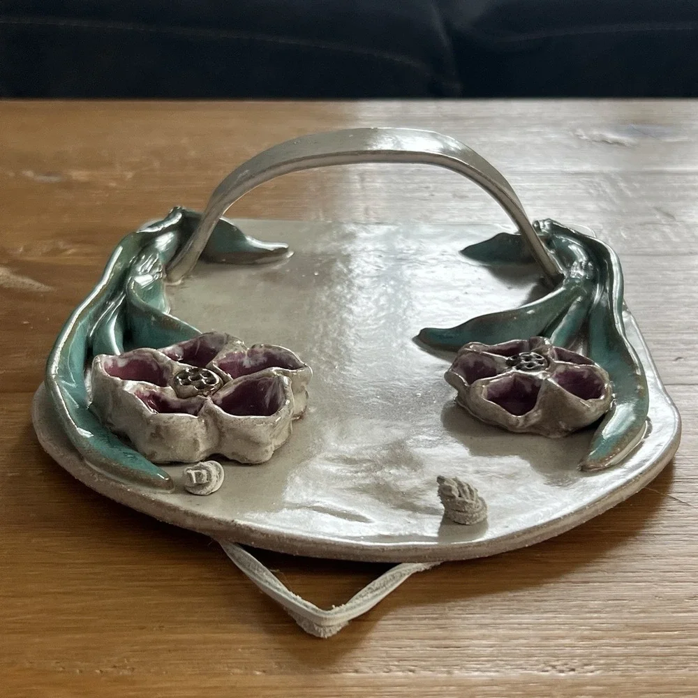 Handmade Studio Clay Art Wall Towel Holder 3D Floral Rack Rustic Artist Signed‎